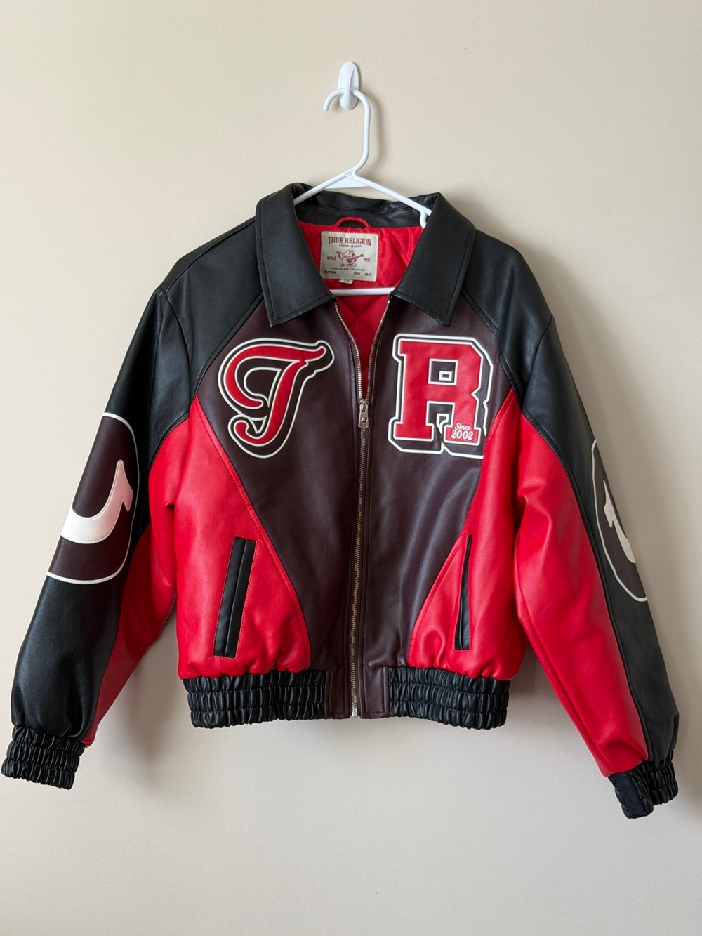 True Religion Faux Color Block Leather Varsity Jacket